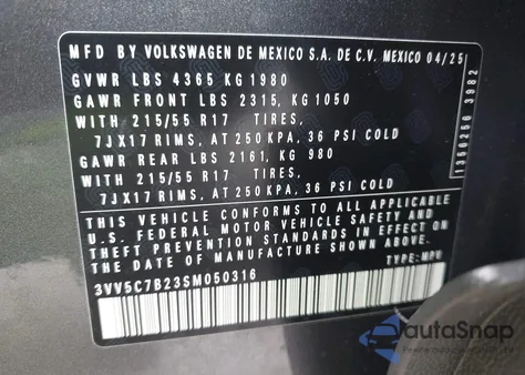 2025 Volkswagen Taos 1.5T S from USA, damaged, VIN 3VV5C7B23SM050316